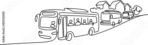 Single continuous line drawing city buses serving commuter employees and school students depart from their homes to their respective destinations. one line Icon drawing
