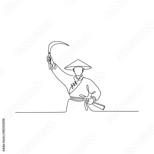 Continuous line drawing of a traditional asian farmer with a sickle