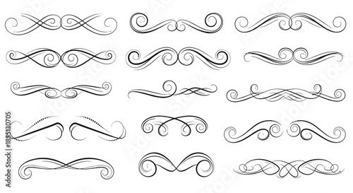 Large collection of fifteen elegant decorative flourishes and ornamental swirls in a classic black and white line art style for graphic design.
