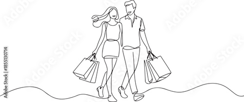 Single continuous line drawing young happy romantic couple holding paper bags while shopping together at mall. Buying fashion and cosmetic concept. one line Icon drawing