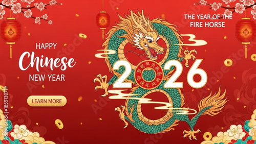 Chinese New Year Festive Greeting: A vibrant festive illustration, with a magnificent dragon, lantern, and cherry blossom, embodies the spirit of Chinese New Year.