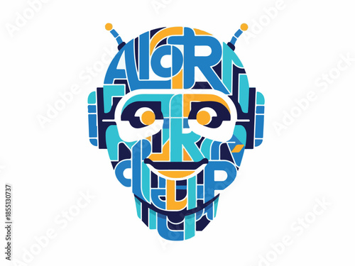 Digital AI Robot Head with Typography Art AI, Tech, Future, Design, and Illustration Concept