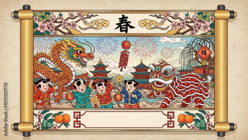 Festive Scroll: Capturing a vivid tapestry of celebration, the scroll showcases a vibrant scene of traditional festivities, complete with a dancing dragon, a lively lion.