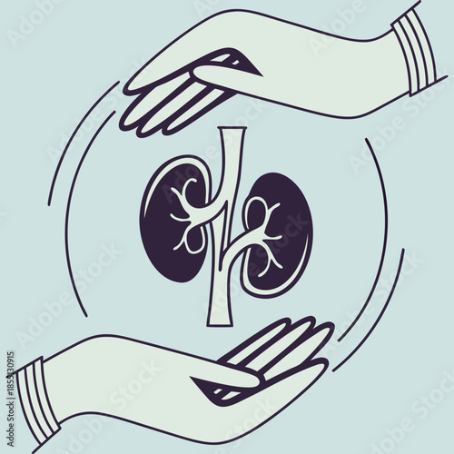 Two hands delicately encircle human kidneys, symbolizing health and care.