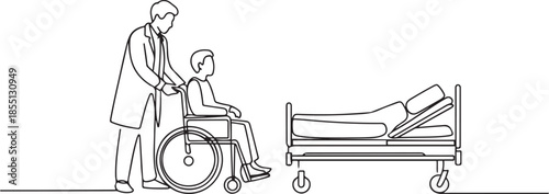 One single line drawing of young male doctor helping old patient get to wheelchair from hospital bed. Trendy medical health care service concept. one line Icon drawing