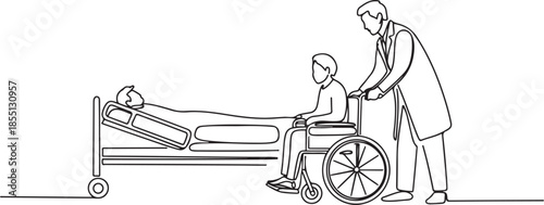 One single line drawing of young male doctor helping old patient get to wheelchair from hospital bed. Trendy medical health care service concept. one line Icon drawing