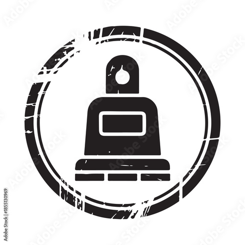 Simple black and white icon of a vintage diving helmet inside a circle