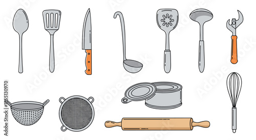 Collection of essential kitchen utensils and cooking equipment including spoons, spatulas, knives, and various tools for food preparation.