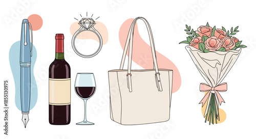 Elegant luxury gift items including a fountain pen, red wine bottle, diamond ring, stylish tote bag, and beautiful bouquet of pink roses.