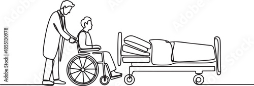 One single line drawing of young male doctor helping old patient get to wheelchair from hospital bed. Trendy medical health care service concept. one line Icon drawing