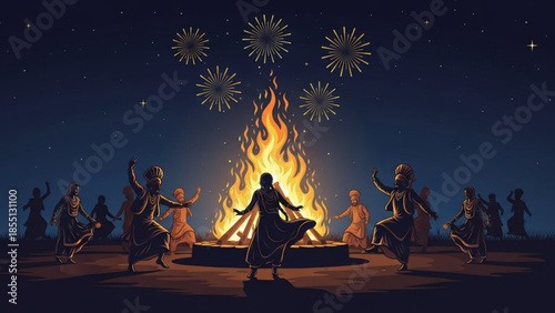 Evening Dance Around Bonfire: A captivating evening unfolds as a group of people gracefully dance around a blazing bonfire under a starlit sky, radiating warmth, culture and joy.