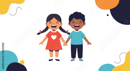 Joyful young boy and girl holding hands with smiling faces on a playful background decorated with colorful abstract shapes and elements.