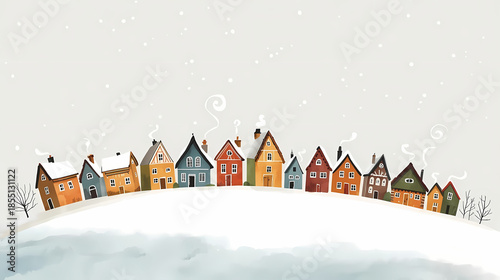 Colorful houses in a snowy village illustration