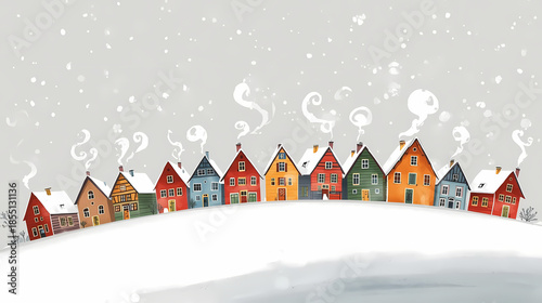 Colorful houses in snowy village illustration