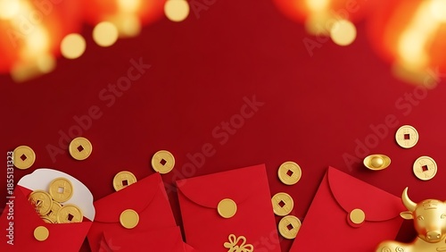 Chinese new year red envelopes with gold coins and fireworks background