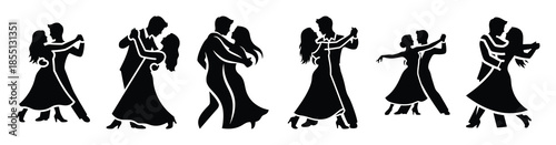 A set of romantic dancing couple silhouette icon. Valentines Day vector isolated on transparent background.