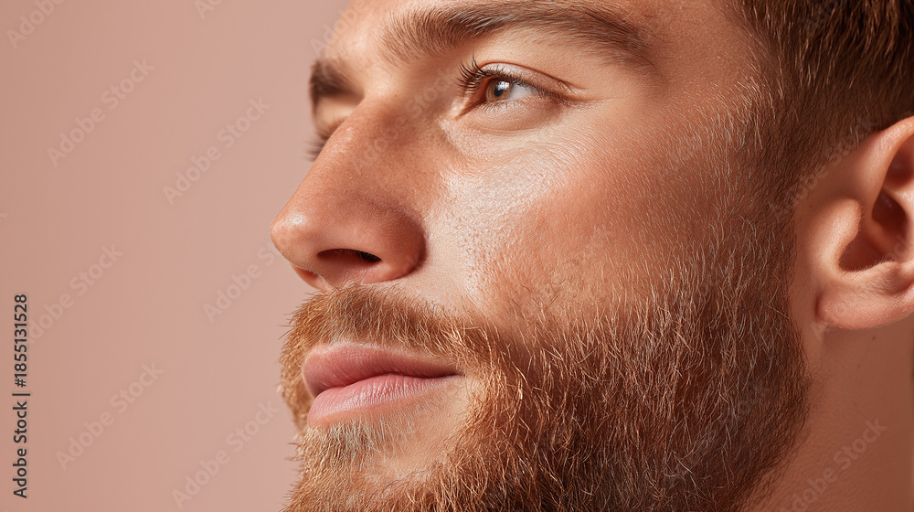 Obraz premium Sun kissed skin with soft golden warmth highlights visible skin texture and natural beard on young man looking thoughtfully to side in warm lighting