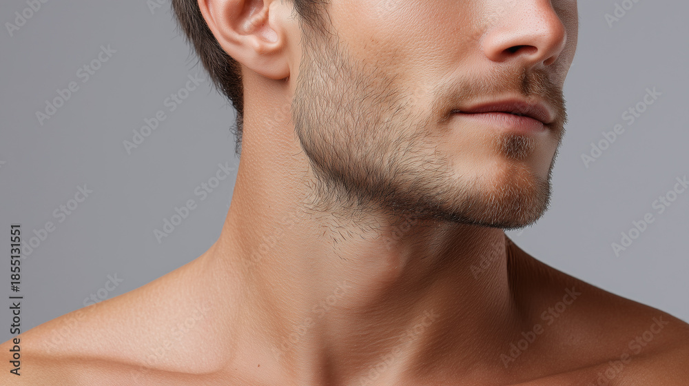Fototapeta premium Velvety male skin surface with smooth gradient tones light brown facial hair close up of jawline and neck showing healthy skin texture and natural beard growth