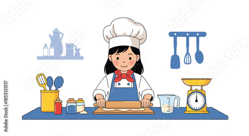 Cute young girl chef wearing a white hat and apron while rolling out dough in a kitchen with various cooking utensils and tools.