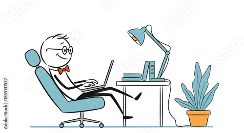Relaxed stick figure man working on his laptop computer while sitting in a comfortable blue armchair at a tidy home office desk.