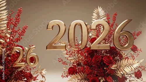 An elegant 3d rendered cinematic close-up features the golden number 2026 displayed among festive deep red roses and metallic foliage on a warm beige background.