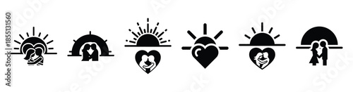 A set of romantic love sunrise silhouette icon. Valentines Day vector isolated on transparent background.