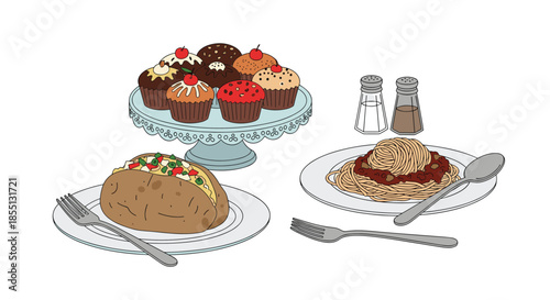Set of tasty food illustrations including decorated cupcakes on a stand, a loaded baked potato, and classic spaghetti with sauce.