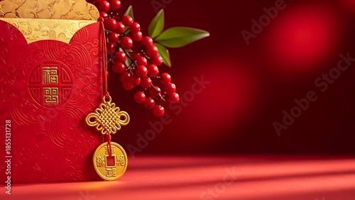 Chinese new year decoration with red oranges and gold ornaments on red background