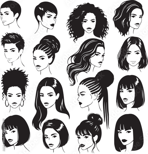 Beautiful Women Hairstyles Vector Set: Diverse Haircuts, Braids, Curls, and Bob Styles for Salon Branding and Fashion Design