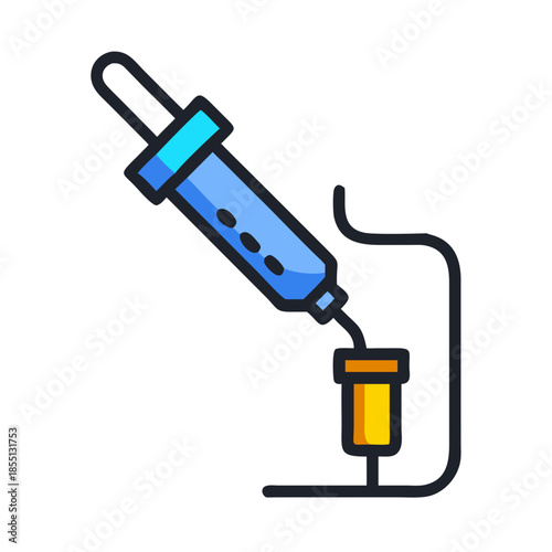Medical dropper injecting liquid into vial on black background