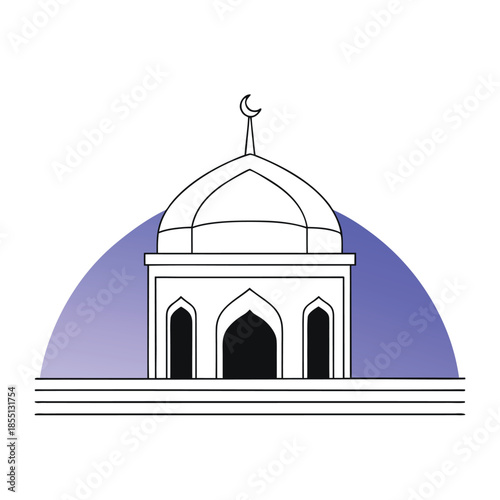 A simple line art illustration of a mosque with a blue arch.
