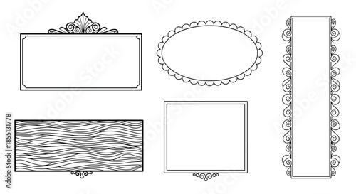 Selection of various decorative border frames and ornate label designs in different geometric and organic vintage black shapes.
