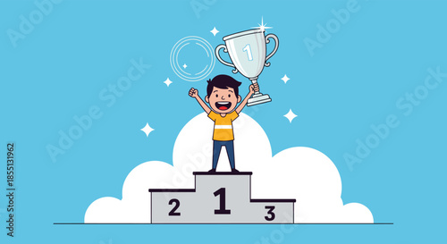 Happy young boy standing on a winner's podium celebrating his victory with a large silver first place trophy cup and stars.