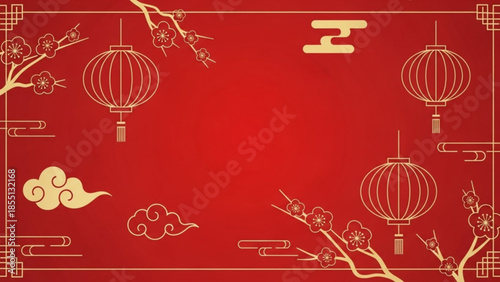Chinese new year background with red lanterns, cherry blossoms, and clouds, gold accents, festive asian celebration
