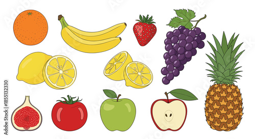 Large selection of fresh fruit icons including orange, banana, strawberry, grapes, pineapple, apple, fig, and red tomato.