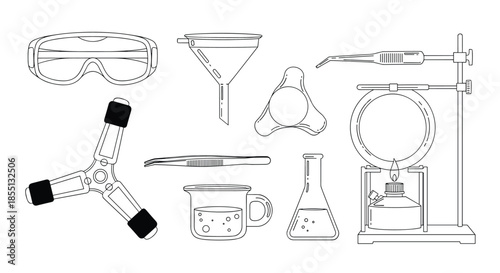 Scientific laboratory glassware and equipment illustrations including test tubes, beakers, goggles, and chemical burners.