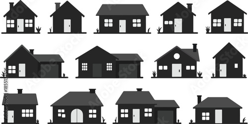 A collection of simple black silhouette house shapes arranged in neat rows displaying various designs