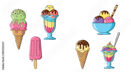 Collection of vibrant ice cream desserts including various cones, sundaes in bowls, and a refreshing frozen pink popsicle.
