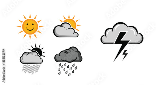 Set of atmospheric weather icons showing various conditions like sunny, cloudy, rainy, and dramatic lightning storm clouds.