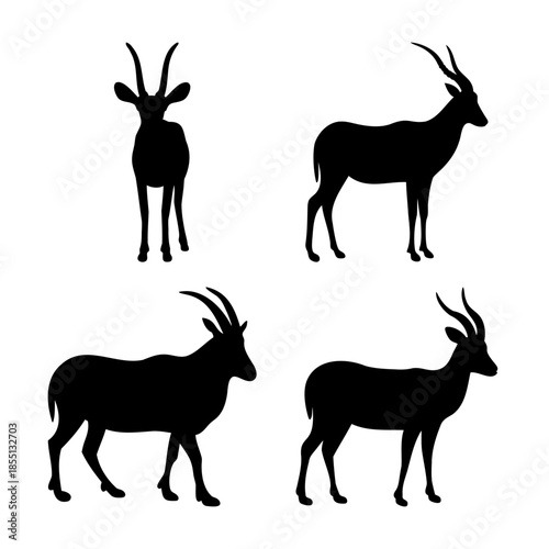 Collection of elegant antelope or gazelle black silhouettes on a pure white background