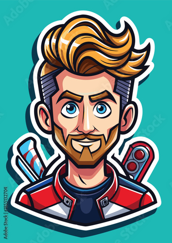 Cartoon male character in a red jacket with blonde hair