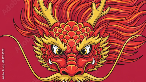 Vibrant red and gold dragon head with fiery mane and whiskers on solid red background, symbolizing power and good fortune in chinese culture and new year celebrations