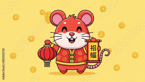 A cheerful red mouse in a traditional chinese outfit holding a lantern and a scroll with chinese characters on a yellow background with gold coins