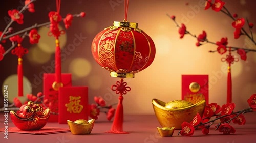 A vibrant red chinese lantern and golden ingots are the focus of this festive still life arrangement, captured with shallow depth of field against a warm, glowing background.
