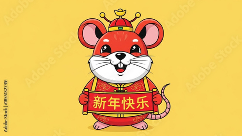Happy chinese new year greeting card with smiling cartoon mouse in traditional red and gold costume holding banner with asian characters on bright yellow background
