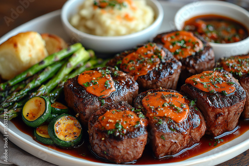 Delicious individual steak medallions covered in rich sauce, served with fresh asparagus and roasted zucchini.