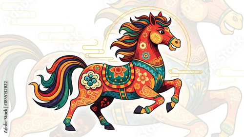 Vibrant colorful horse with intricate patterns and flowers running on white background with subtle horse silhouettes
