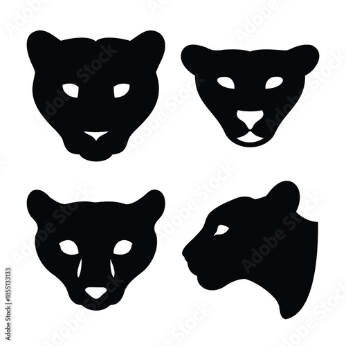 Dynamic collection of black panther or jaguar head silhouettes in various poses