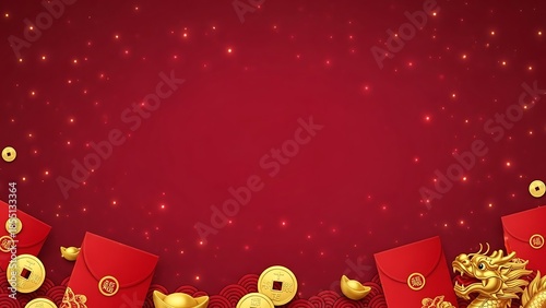 Chinese new year background with red envelopes and gold coins