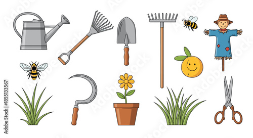Comprehensive set of gardening tools and equipment featuring a watering can, rakes, trowel, a scarecrow, honeybees, flowers, and grass.